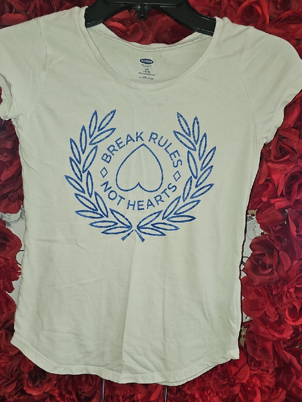 Old Navy White Tee with Blue Graphic Heart and Laurel